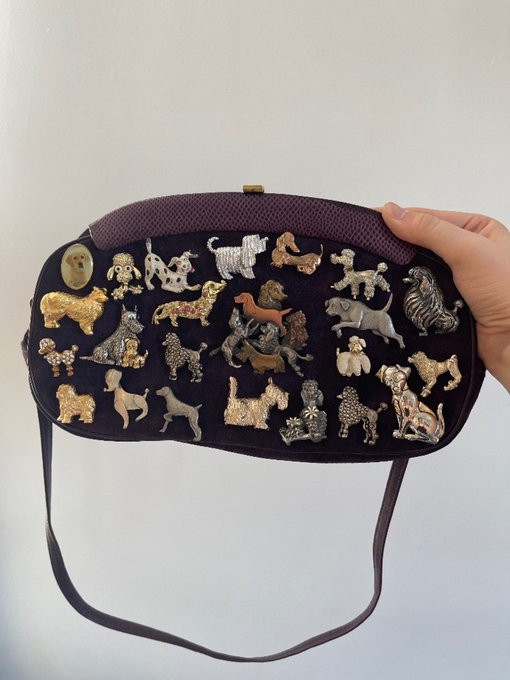 Pooch Pouch | vintage purple, dog brooch bag, vintage dog brooches, suede bag